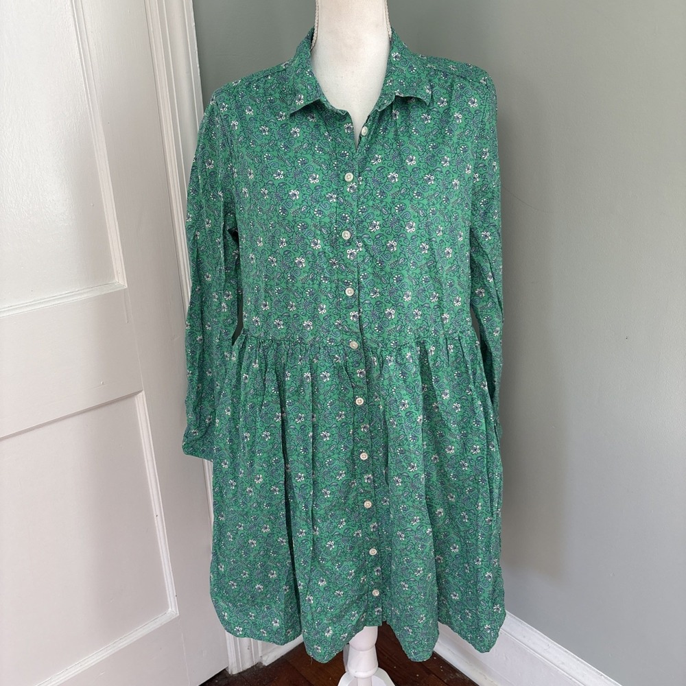 J. Crew Green Paisley Cotton Floral Printed Mini Shirt Dress Long Sleeve Size 12
